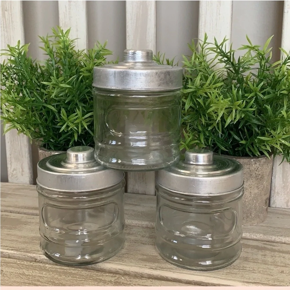 Apothecary Jar Set - Rustic Farmhouse Jar W/Metal Lids 3pcs Set ~New~